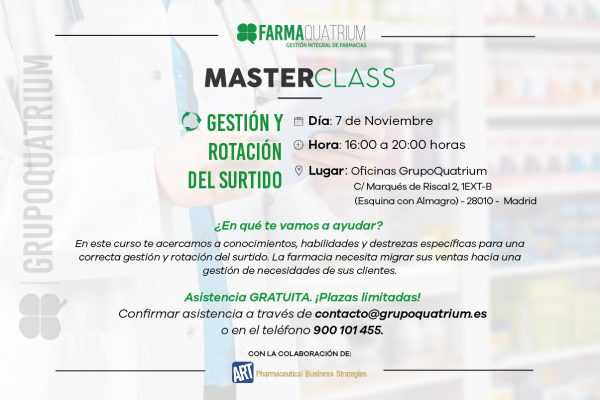 ¿Quieres sacar el máximo rendimiento a tu farmacia? FarmaQuatrium te invita a su tercera Master Class en Madrid