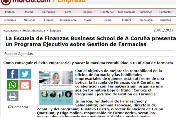 La Escuela de Finanzas Business School de A Coruña presenta un Programa Ejecutivo sobre Gestión de Farmacias
