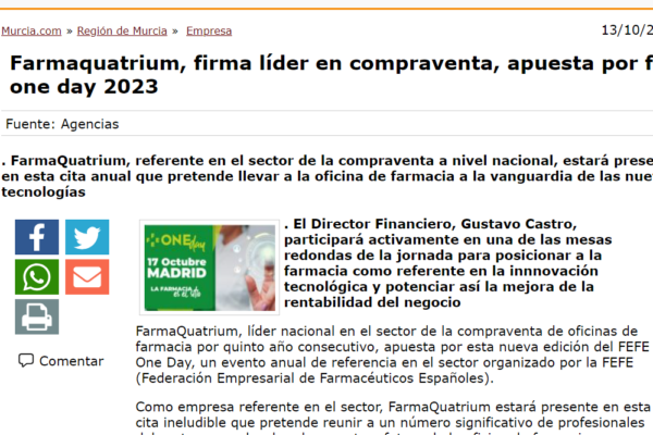 Murcia.com | Farmaquatrium, firma líder en compraventa, apuesta por fefe one day 2023